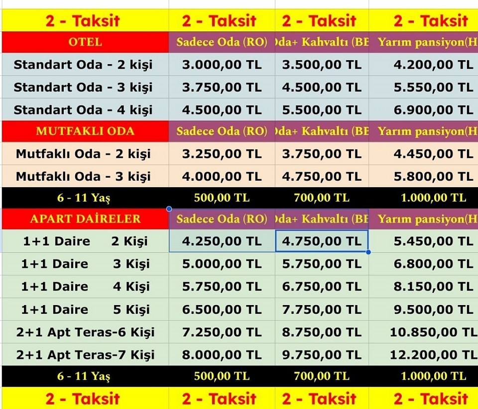 Temmuz ağustos fiyat listesi 2 taksit