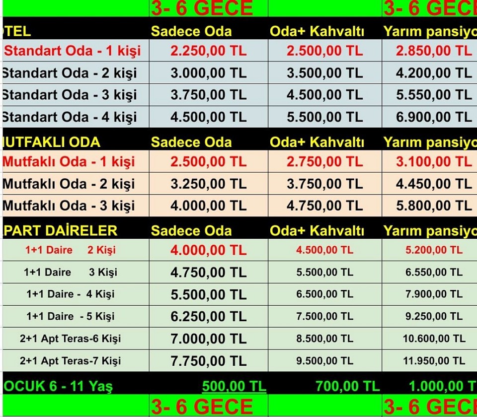 3 - 6 GÜN KONAKLAMA FİYATLARI