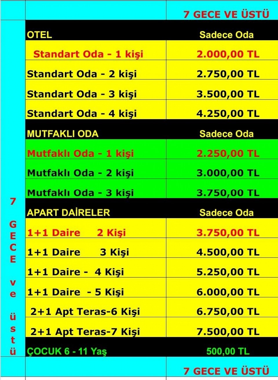 7 gün ve üzeri konaklama fiyatları
