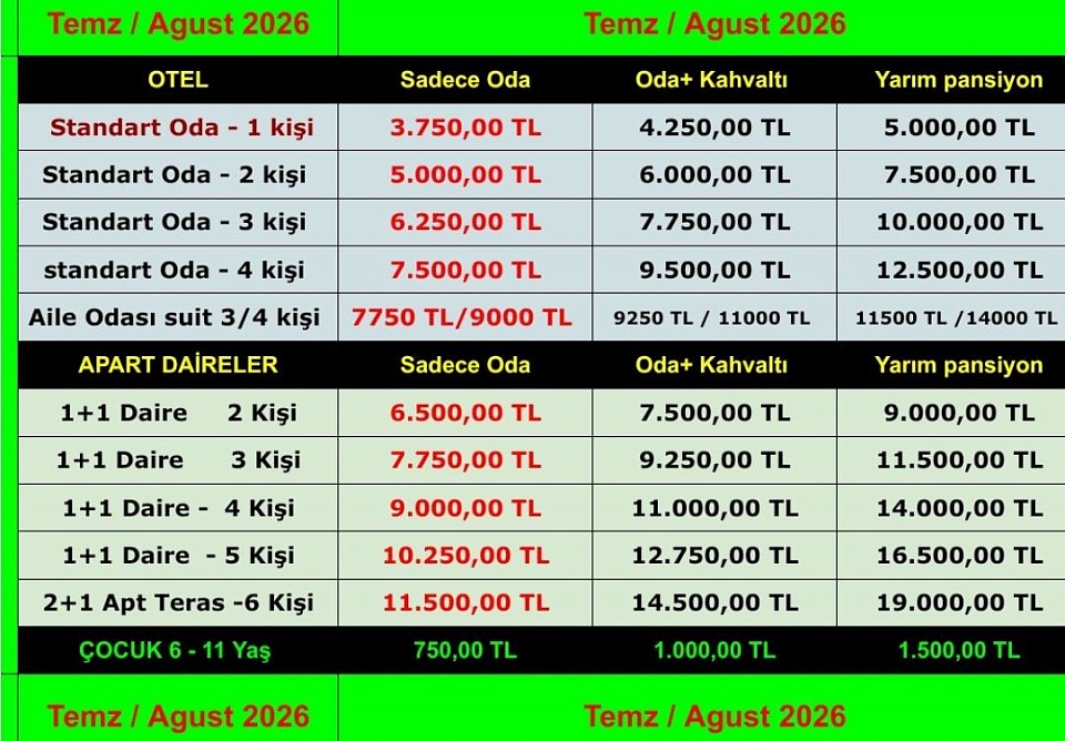 2026 Temmuz / Ağustos Fiyat Listesi