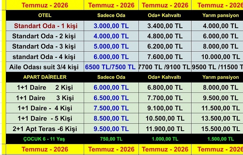 2026 Temmuz / Fiyat Listesi