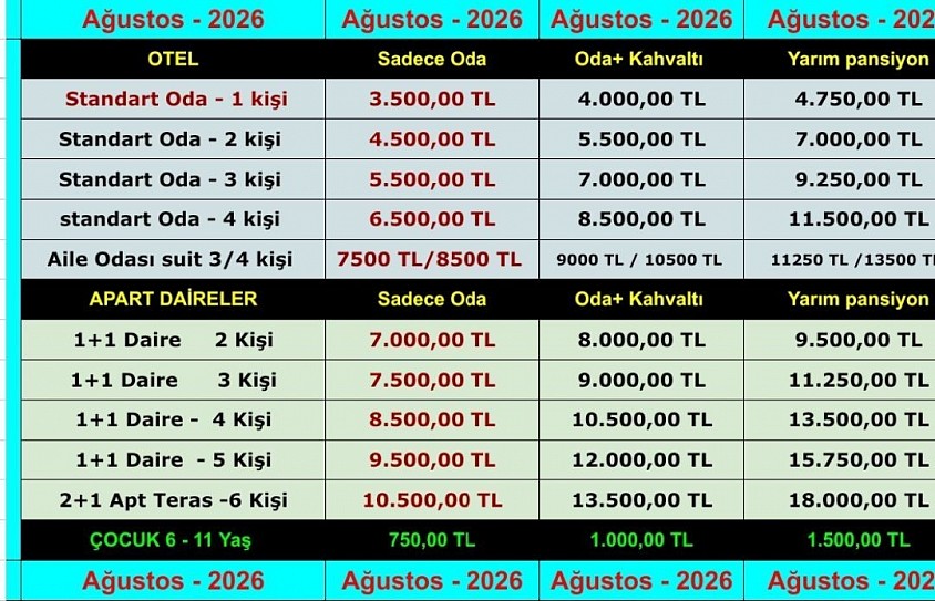 2026 Ağustos Fiyat Listesi