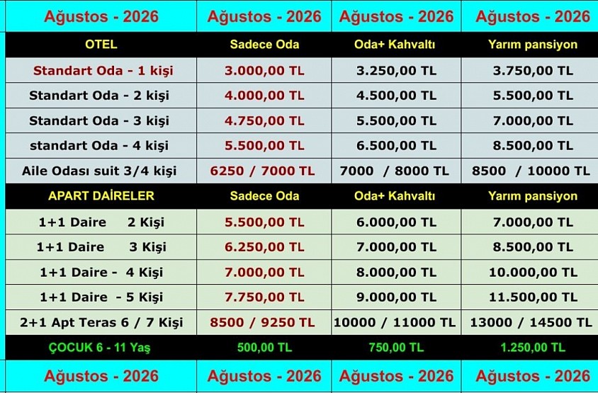 2026 Ağustos Fiyat Listesi