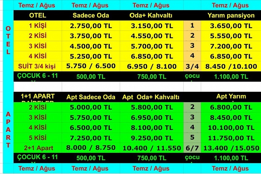 TEMMUZ -AĞUSTOS 2026 FİYAT LİSTESİ