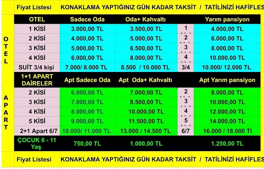 Konaklama gece saygınız kadar taksitlendirme imkanı iş Bankası Yapı Kredi Bankası Garanti Bank qnb Bank kredi kartlarına