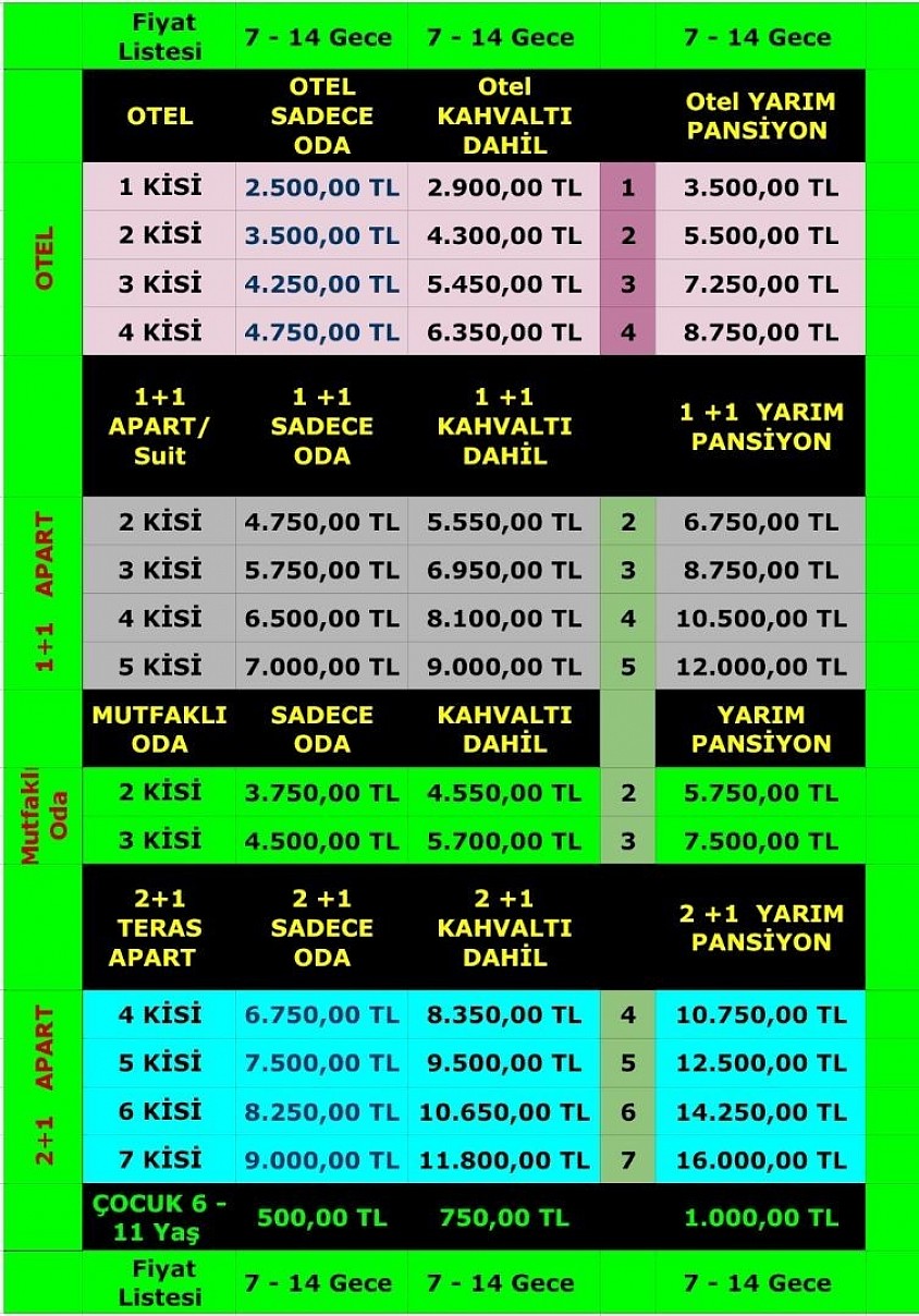7 - 14 Gece fiyat Listesi